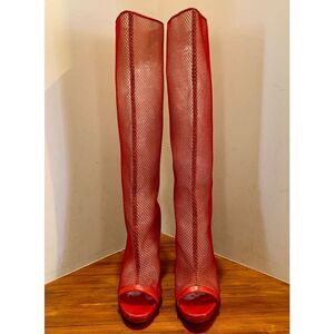 Christian Louboutin Womens Red Leather Fishnet Alta Dentelle Boots Size 40